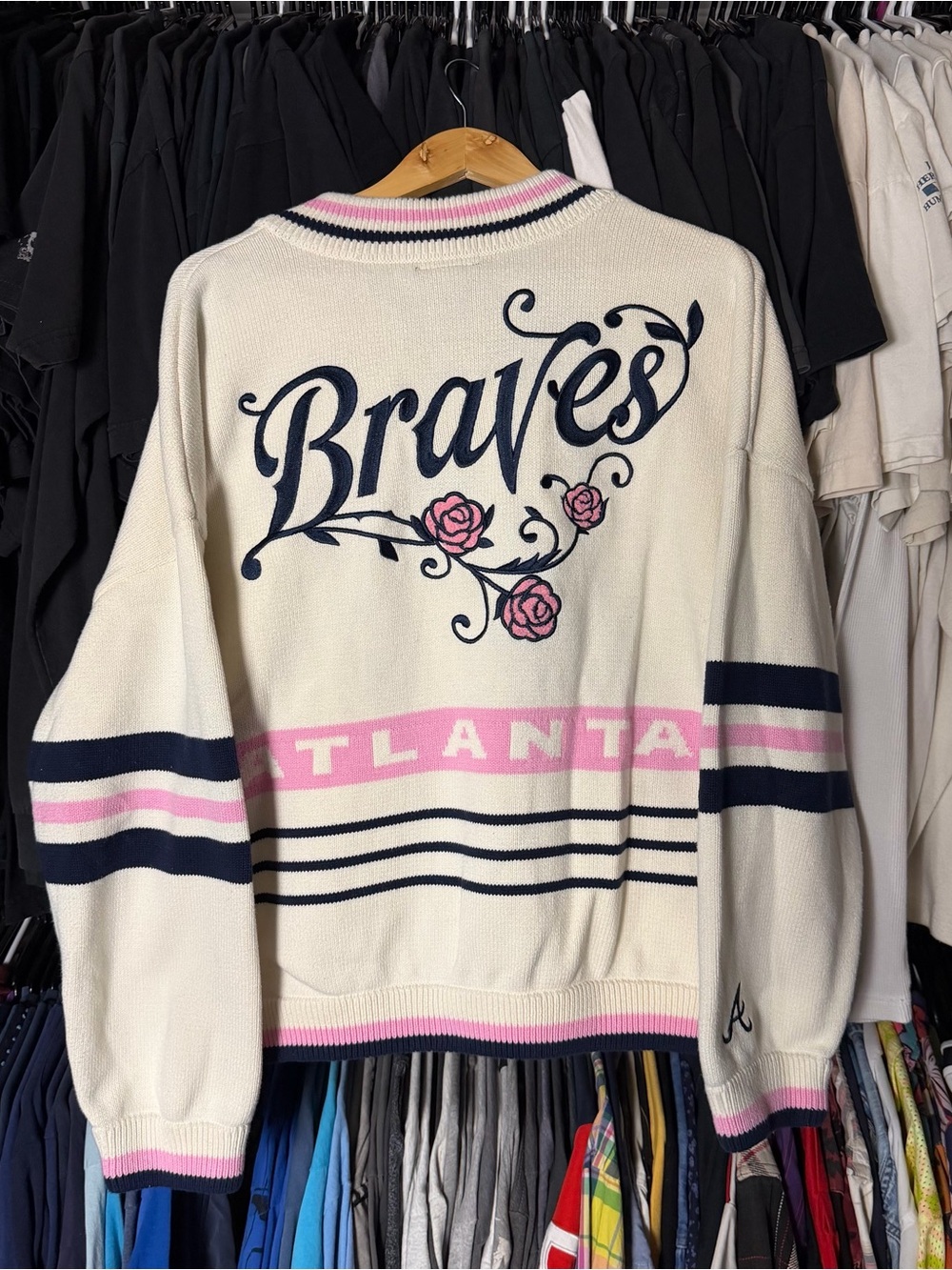 Anthropologie Atlanta Braves Knit Sweater Womens XL Cream Pink Zip Up Baseball - Picture 2 of 8